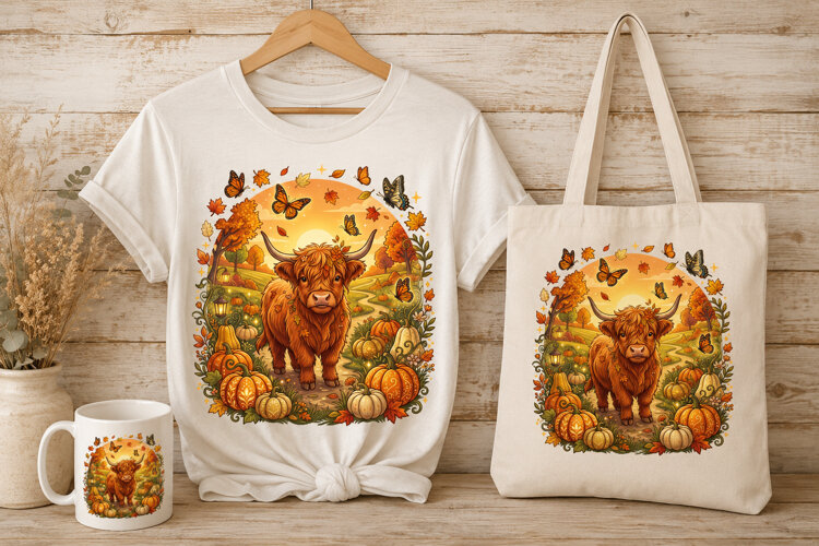 Magical Autumn Highland Cow and Pumpkin Art PNG example image 1