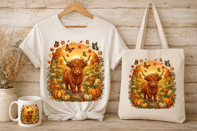 Magical Autumn Highland Cow and Pumpkin Art PNG