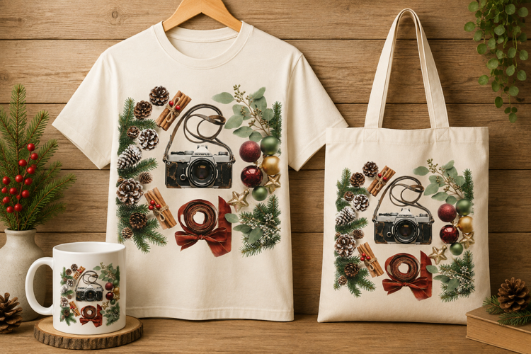 Vintage Olympus Camera Christmas Flat Lay Art Print