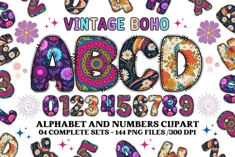 Vintage Boho Alphabet png clipart, boho letters doodle