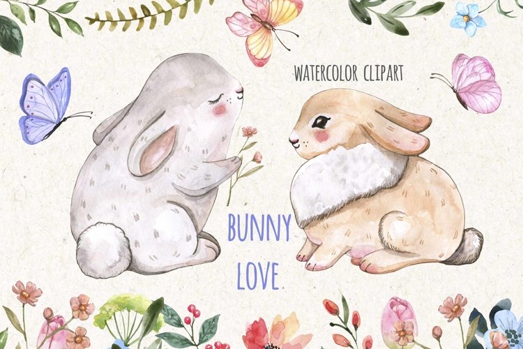 Easter Bunnies Watercolor Cute Baby Rabbit Animal Clipart example image 1