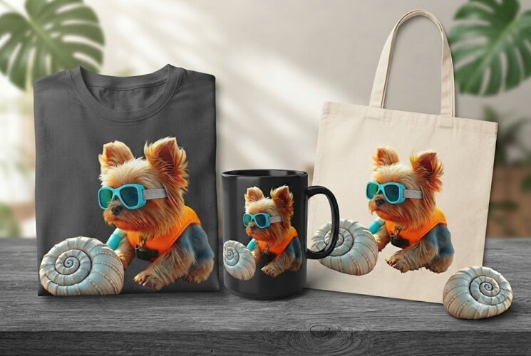 Cute Yorkie Beach PNG Summer Dog Clipart Coastal Design example image 1