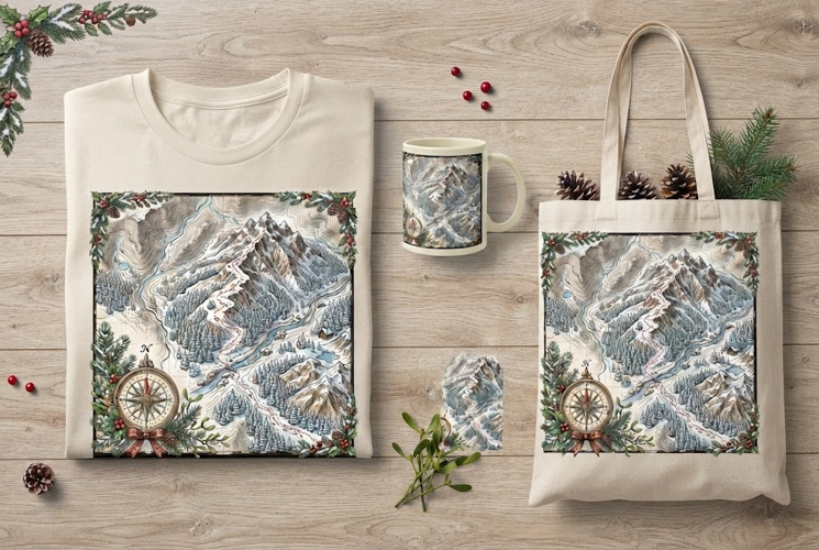 Snowy Mountain Topographic Map Christmas Holiday Art
