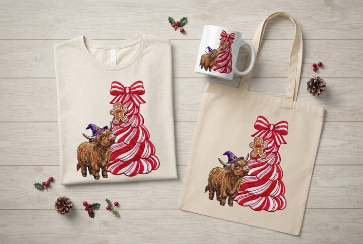 Embroidered Peppermint Tree Witch Hat Cow Christmas Print
