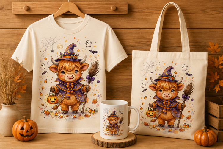 Kawaii Witch Highland Cow Halloween Art Print Graphic