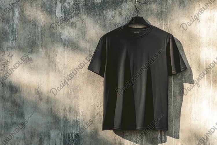 mockup plain black t-shirt hanging on a cement wall