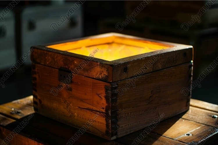 Mysterious glowing wooden box in dim room example image 1