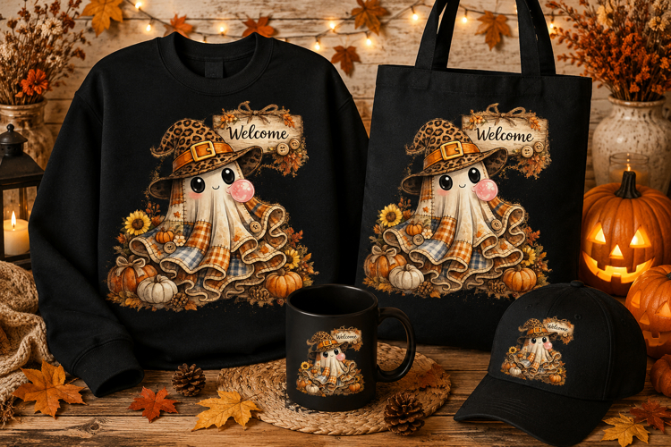 Cute Patchwork Ghost with Leopard Witch Hat Welcome Sign PNG
