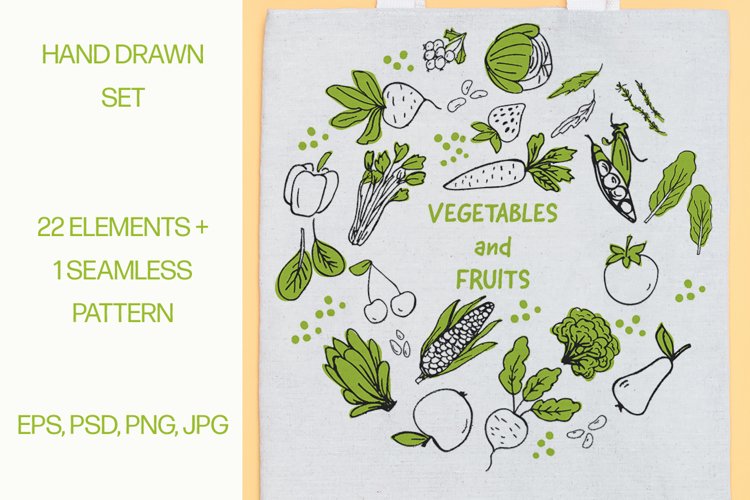 Fruits and vegetables. Hand drawn elements set example image 1