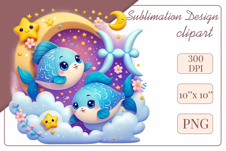 Pisces Zodiac Sign, Cute 3D Cartoon, Clipart, Sublimation