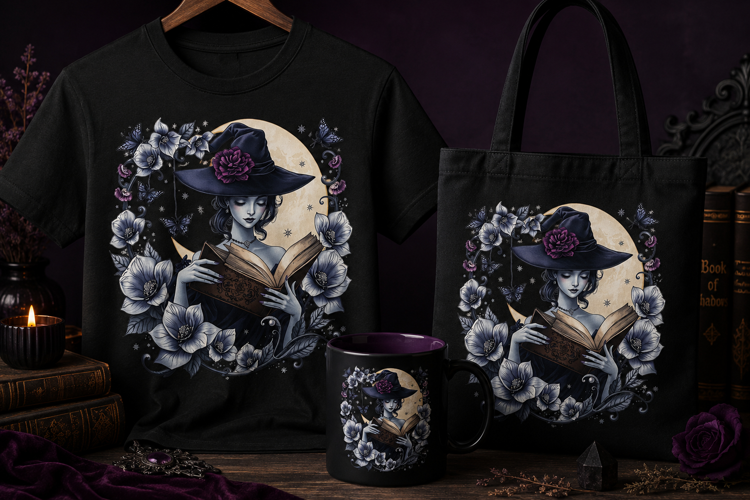 Gothic Witch Reading Book PNG | Moon & Floral Halloween