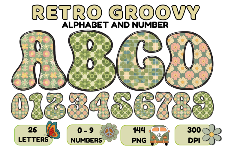 Retro Groovy Alphabert PNG 70s Numbers & Letters 300 DPI