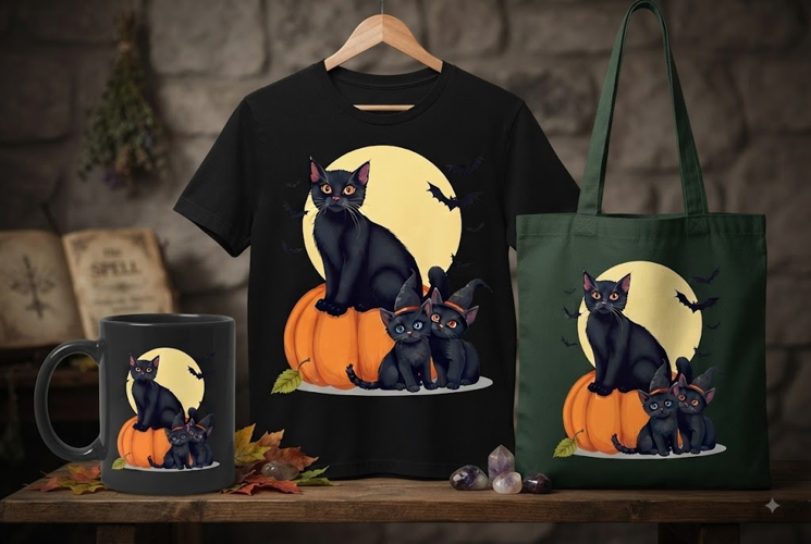 Halloween Black Cat Mom & Kittens PNG | Pumpkin Clipart