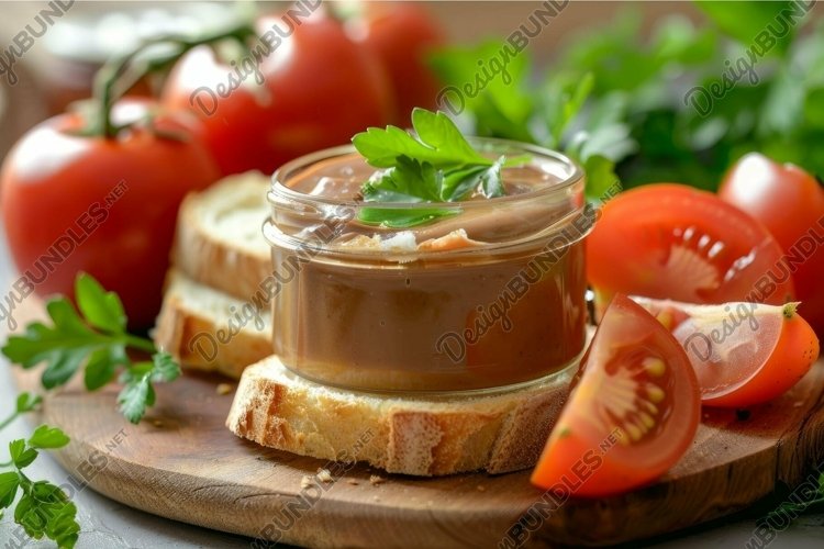 Fresh homemade tomato pate on bread with herbs