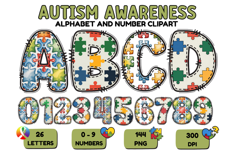 Autism Awareness Doodle Letters Puzzle Piece Alphabet PNG
