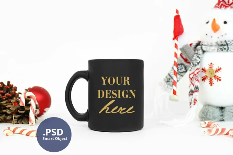 Christmas Black mug mockup, Christmas coffee mug mock up PSD