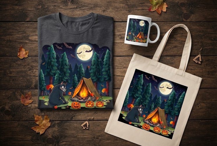 Wolf Camping Halloween Design with Tent and Pumpkins