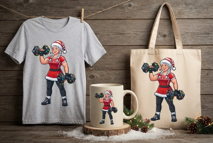 Fit Mrs. Claus Lifting Dumbbells Christmas Workout Art
