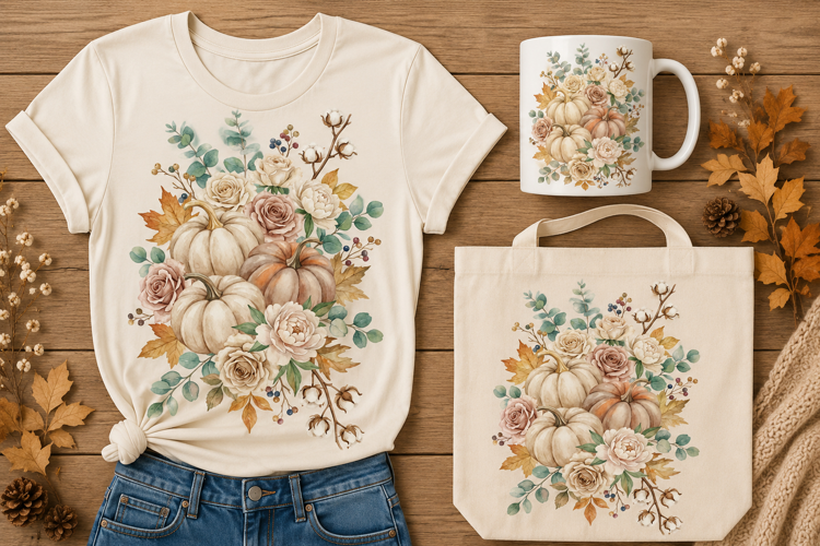 Neutral Mocha Pumpkins Fall Floral Watercolor Art