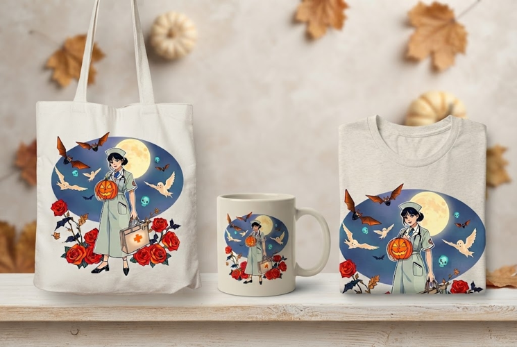 Halloween Nurse PNG with Pumpkin, Bats & Roses | Gothic Art