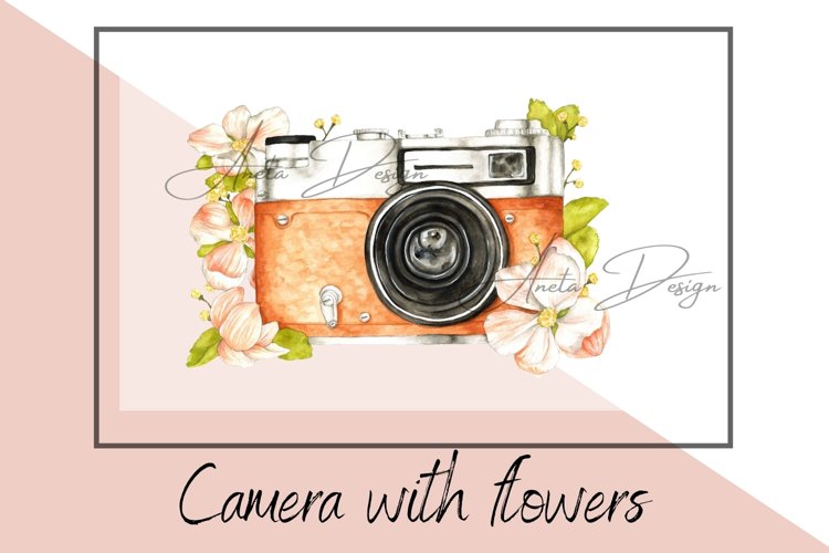 Retro camera with watercolor flowers clipart example image 1