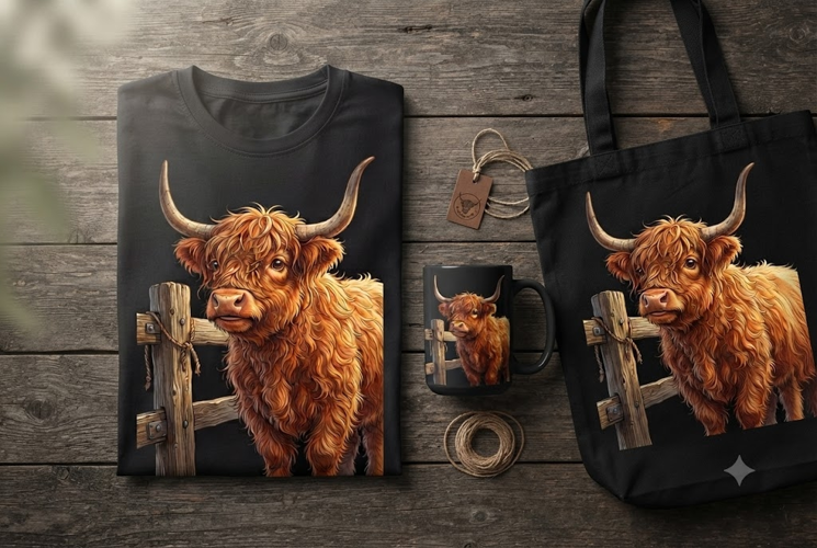 Highland Cow by Fence PNG | Rustic Farm Sublimation Design