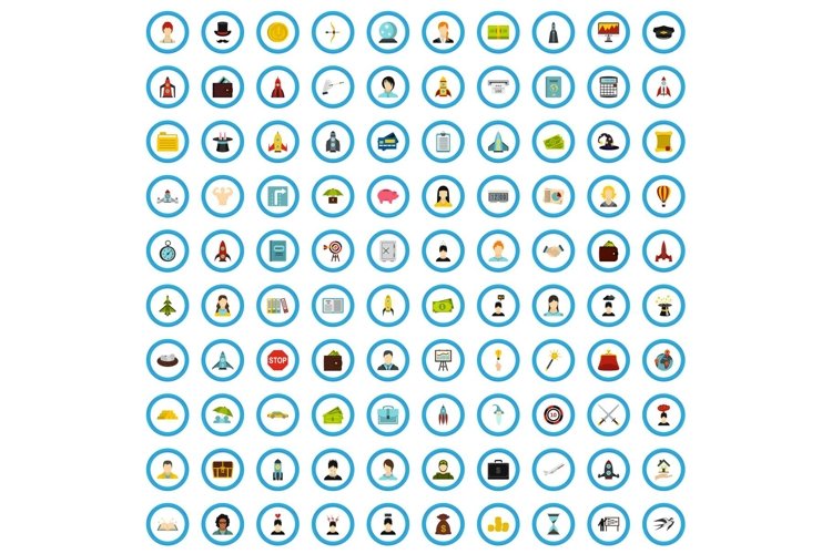 100 launch icons set, flat style