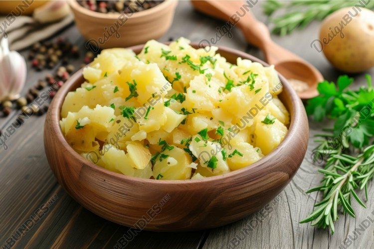 Homemade creamy mashed potatoes in wooden bowl example image 1