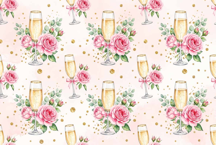 Watercolor seamless pattern with champagne flutes, pink rose