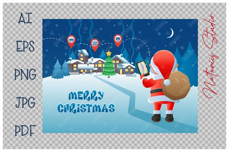 Santa Navigation Merry Christmas. Cute Santa Claus with GPS navigation.