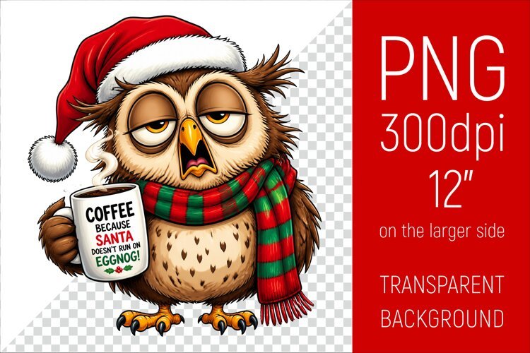 Funny Morning Coffee Owl in Santa Hat | Christmas Clipart example image 1