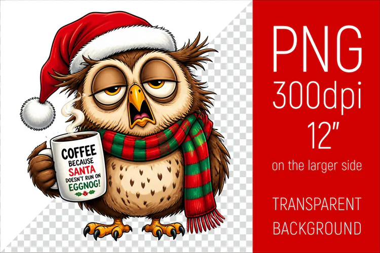 Funny Morning Coffee Owl in Santa Hat | Christmas Clipart