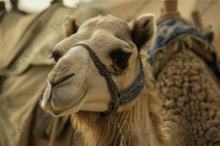 Dromedary camel wearing a colorful bridle posing at the came example image 1