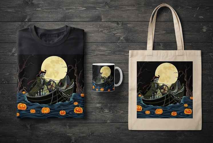 Skeleton Captain Steering Fish Boat Halloween Design