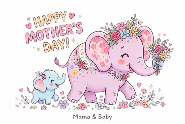 Cute cartoon mama elephant with flowers Mothers Day
