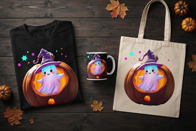 Cute Ghost in Pumpkin PNG | Kawaii Halloween Clipart example image 1