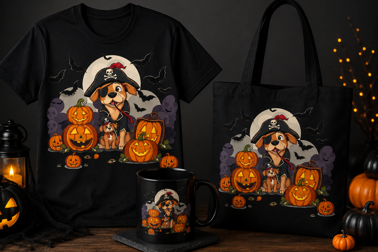 Halloween Pirate Dog PNG | Cute Puppy Pumpkin Pirate Design