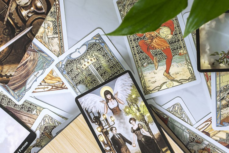 Tarot cards on fortune teller desk. Magic rituals