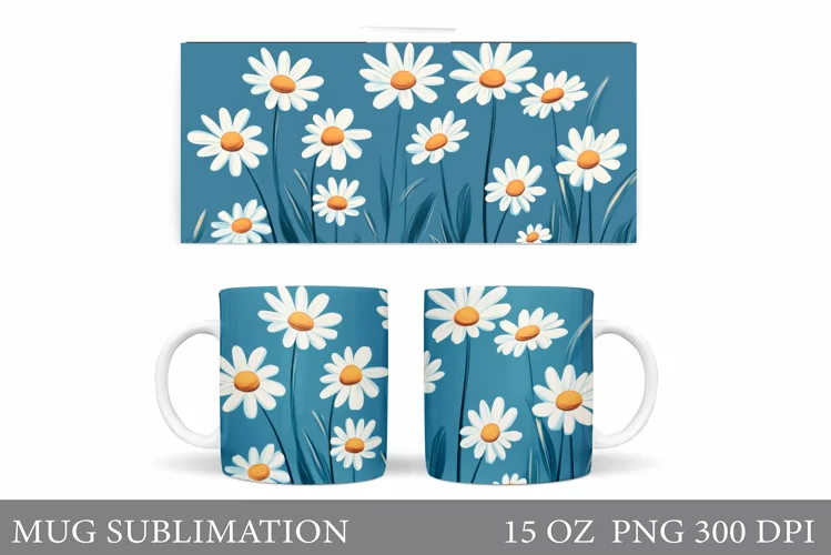 Flowers Mug Sublimation. Daisy Flowers Mug Wrap Design