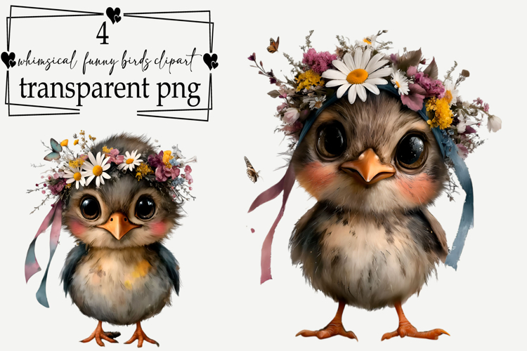 Whimsical Funny Birds Clipart Watercolor PNG