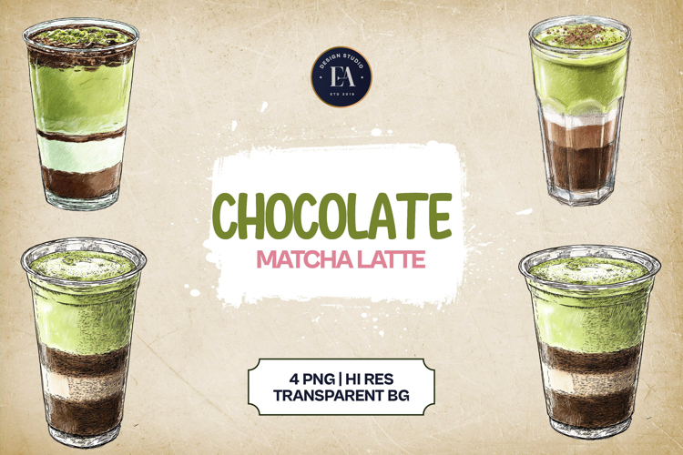 Chocolate Matcha Latte Clipart Bundle 4 PNG
