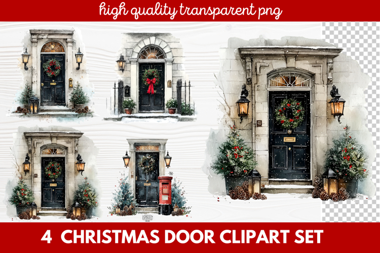 4 Christmas Door Clipart Set | Festive Holiday Front Door