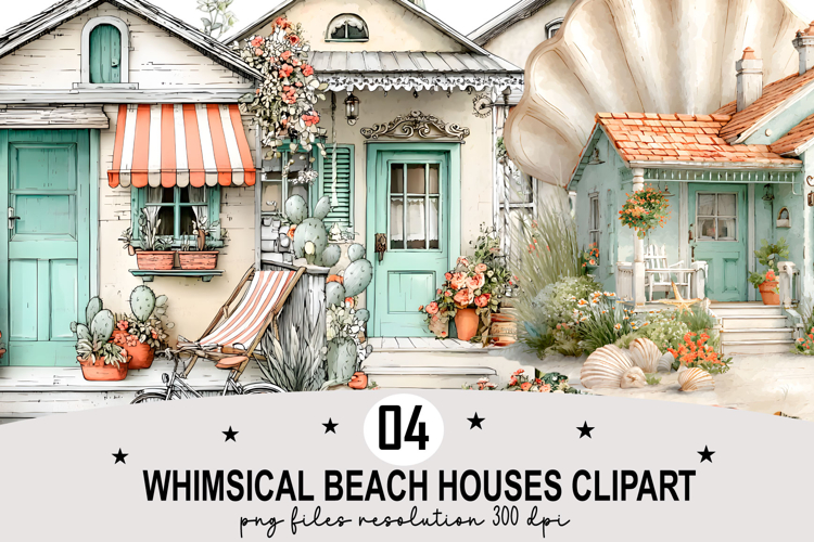 Whimsical Beach Houses Clipart Watercolor Clipart png