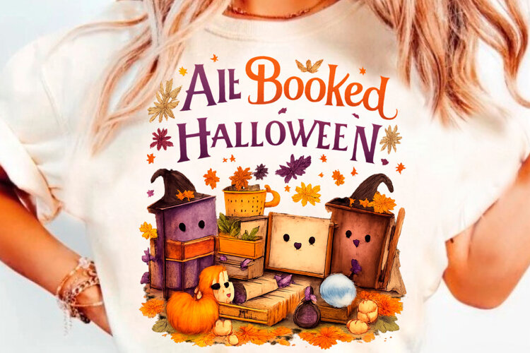All Booked Halloween Cute Cat Books Pumpkin Autumn T-Shirt D example image 1