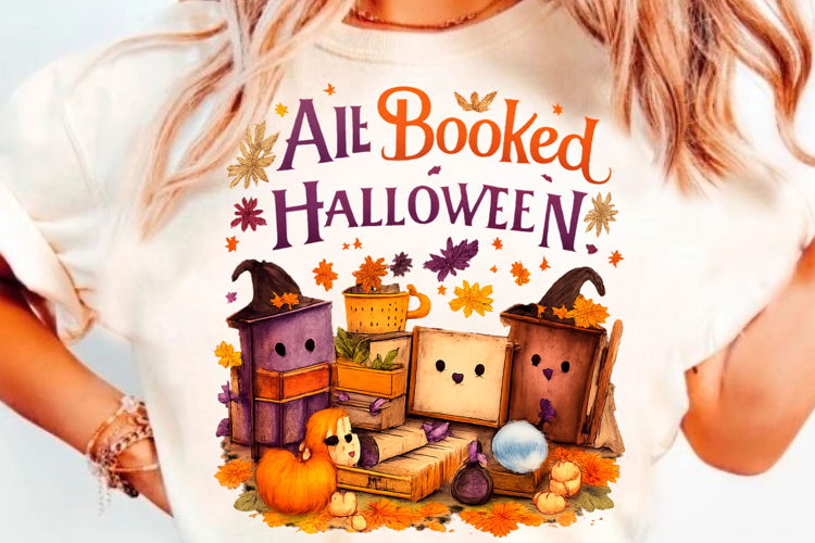 All Booked Halloween Cute Cat Books Pumpkin Autumn T-Shirt D