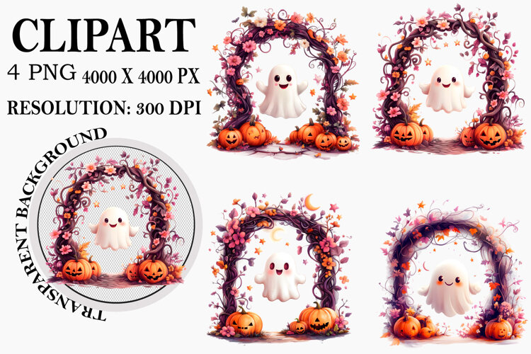 Watercolor Ghost Pumpkin Clipart example image 1
