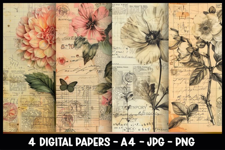4 Vintage Floral Digital Papers I Junk Journal Page