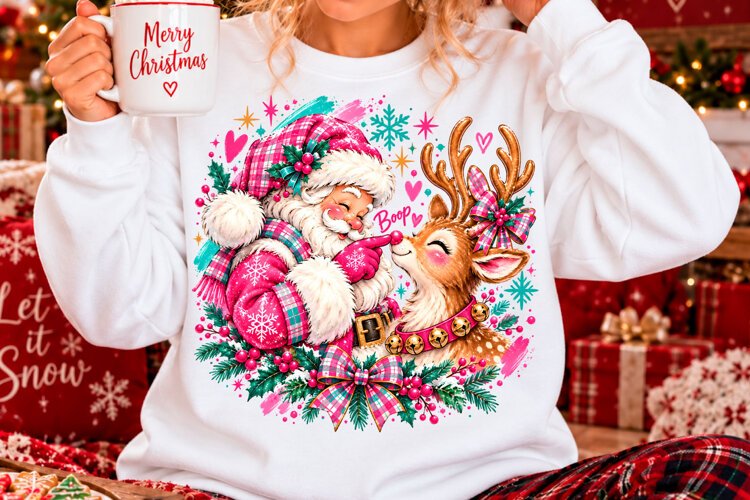 Pink Santa Reindeer Boop Christmas Sublimation PNG example image 1
