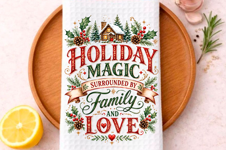 Holiday Magic Family & Love PNG Christmas Kitchen Towel