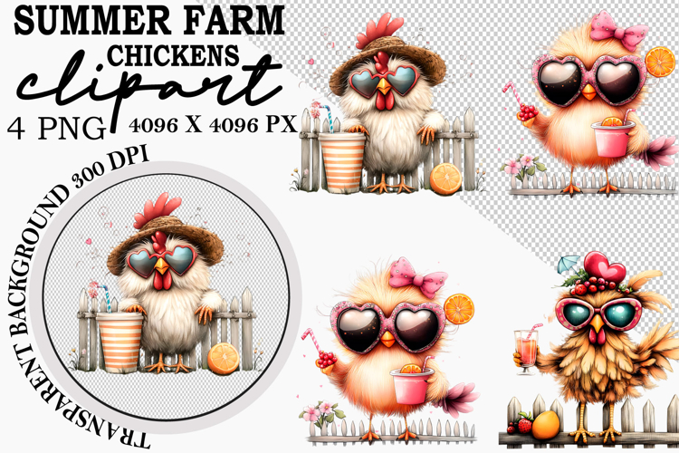 Summer Farm Chickens Clipart Watercolor PNG example image 1
